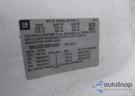 2011 Chevrolet Tahoe Commercial Fleet z USA, uszkodzony, nr VIN 1GNLC2E07BR316025